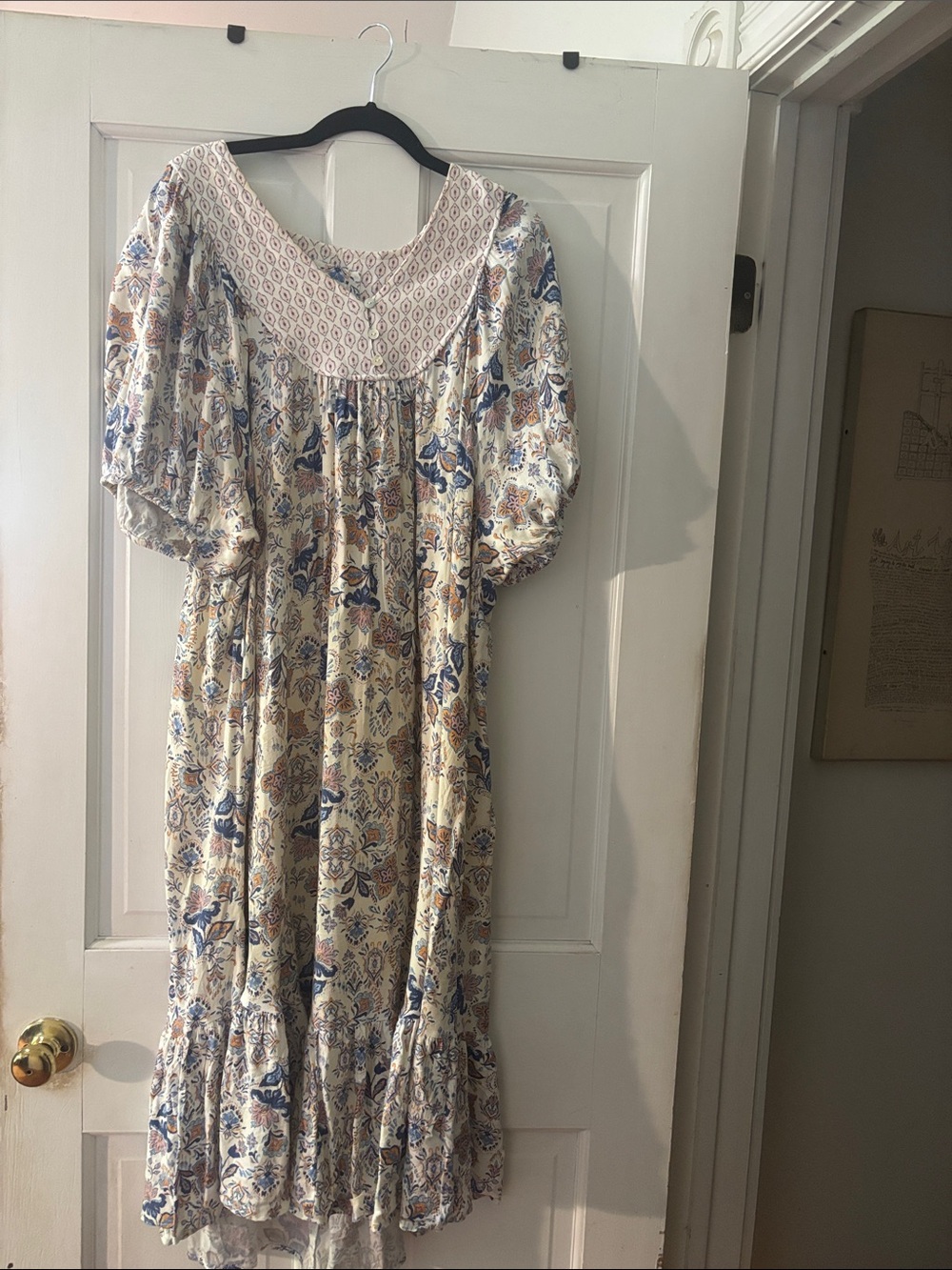 Lucky Brand Cream Maxi Dress boho prairie with Blue and Tan Floral Print